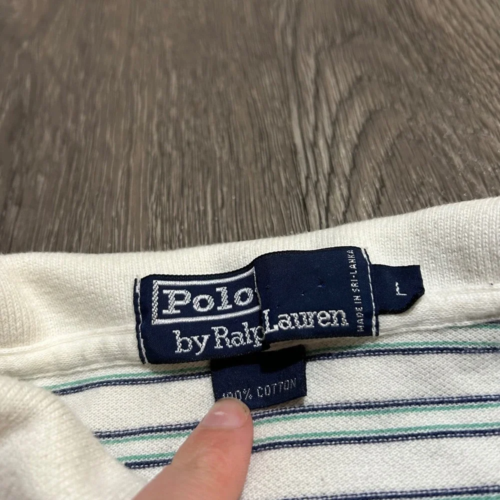 Polo Ralph Lauren Polo Shirt Large White Green Striped Short Sleeve Pique Cotton